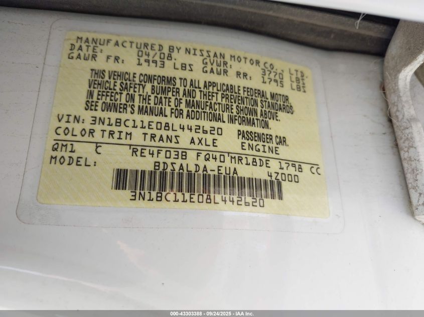 2008 Nissan Versa 1.8S VIN: 3N1BC11E08L442620 Lot: 43303388