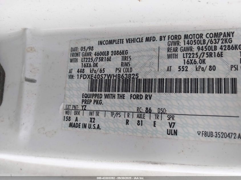 1998 Ford Econoline E450 Super Duty Cutwy Rv VIN: 1FDXE40S7WHB63825 Lot: 43303392