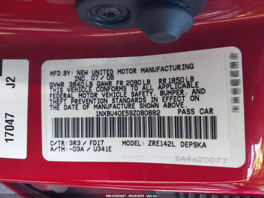 2009 Toyota Corolla S VIN: 1NXBU40E59Z080882 Lot: 43303407