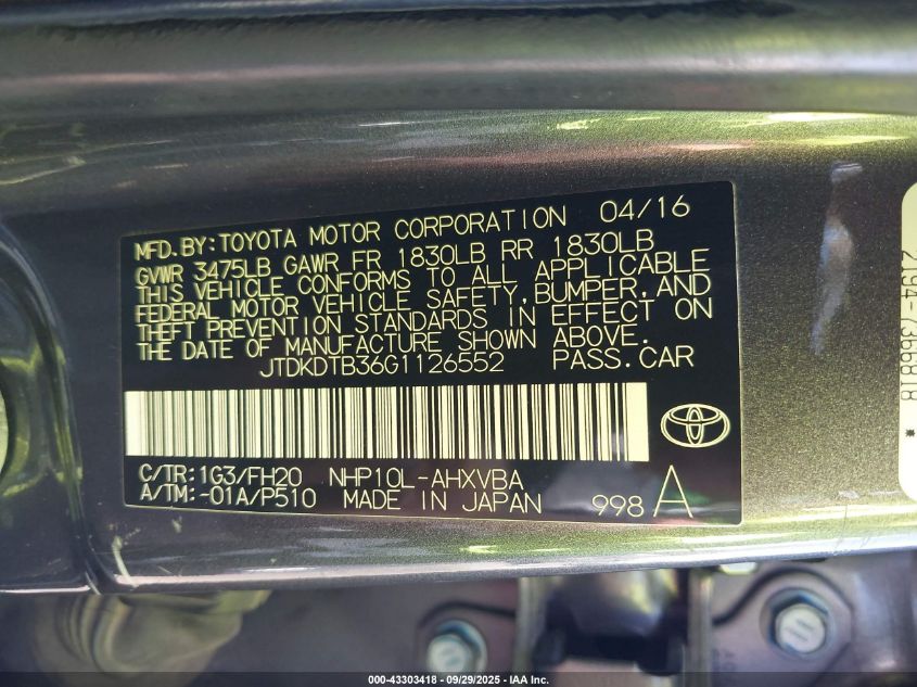 2016 Toyota Prius C One VIN: JTDKDTB36G1126552 Lot: 43303418