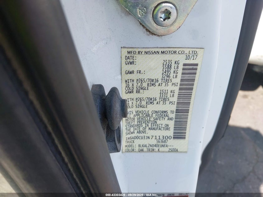 2018 Nissan Frontier Sv VIN: 1N6AD0CU3JN711300 Lot: 43303428