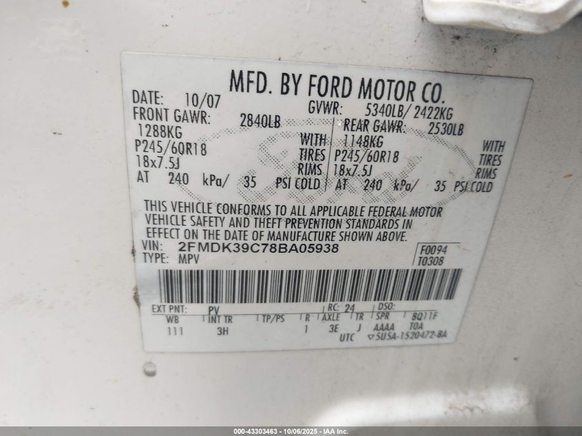 2008 Ford Edge Limited VIN: 2FMDK39C78BA05938 Lot: 43303463