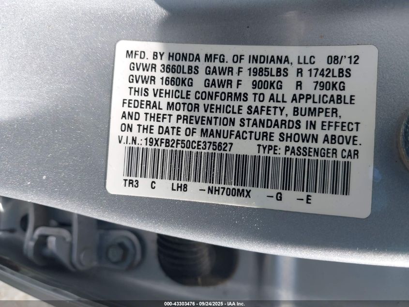 2012 Honda Civic Lx VIN: 19XFB2F50CE375627 Lot: 43303476