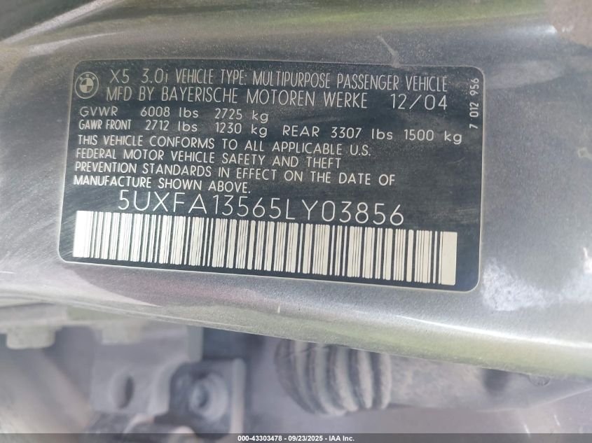 2005 BMW X5 3.0I VIN: 5UXFA13565LY03856 Lot: 43303478