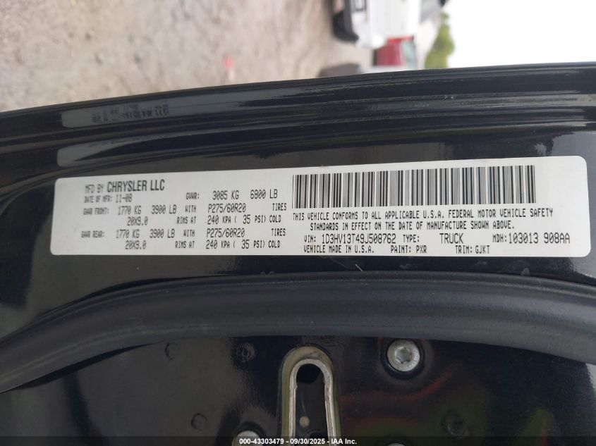 2009 Dodge Ram 1500 VIN: 1D3HV13T49J508762 Lot: 43303479