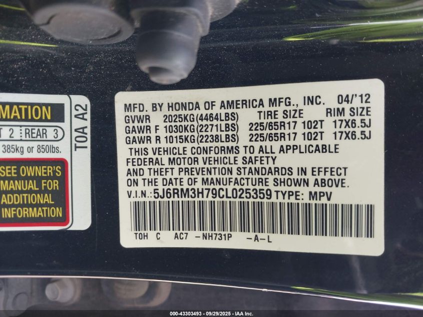 2012 Honda Cr-V Ex-L VIN: 5J6RM3H79CL025359 Lot: 43303493