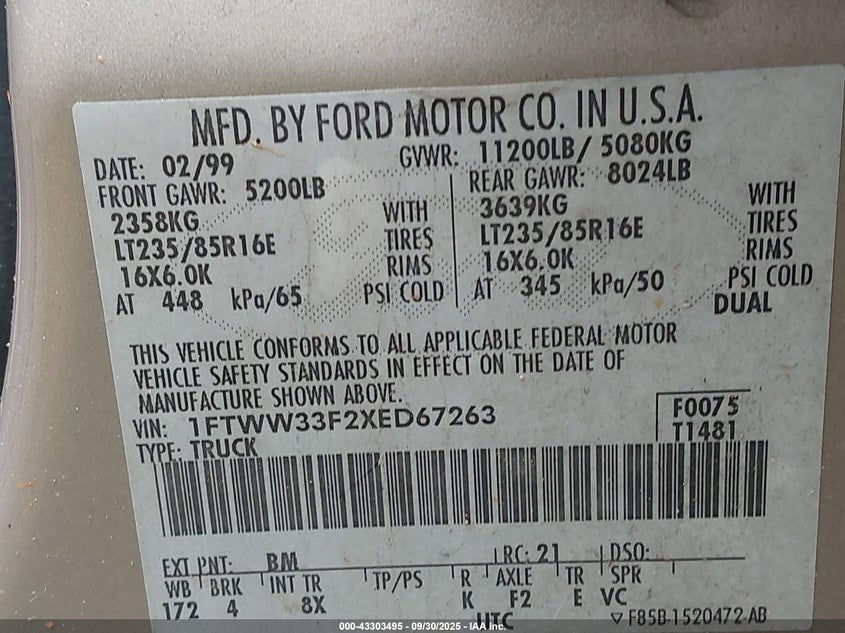 1999 Ford F-350 Lariat/Xl/Xlt VIN: 1FTWW33F2XED67263 Lot: 43303495