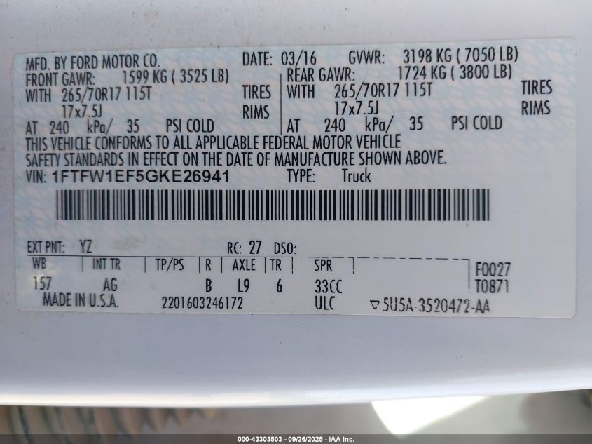 2016 Ford F-150 Xl VIN: 1FTFW1EF5GKE26941 Lot: 43303503