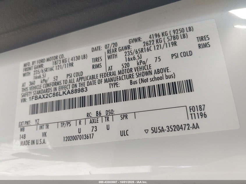 2020 FORD TRANSIT-350 PASSENGER VAN XL 1FBAX2C86LKA88983