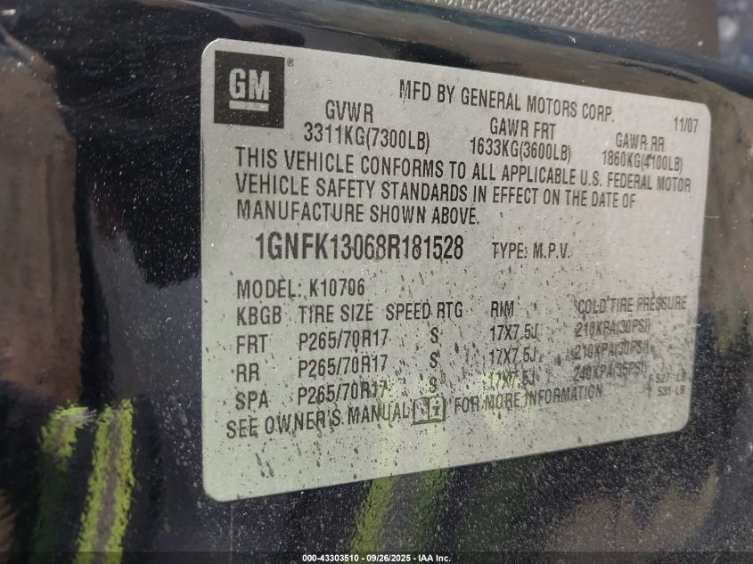 2008 Chevrolet Tahoe Lt VIN: 1GNFK13068R181528 Lot: 43303510