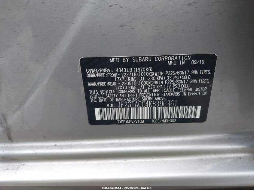 2019 Subaru Crosstrek 2.0I Premium VIN: JF2GTACC4K8396361 Lot: 43303514