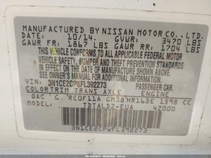 2015 Nissan Versa Note S (Sr)/S Plus/Sl/Sr/Sv VIN: 3N1CE2CP6FL392273 Lot: 43303518