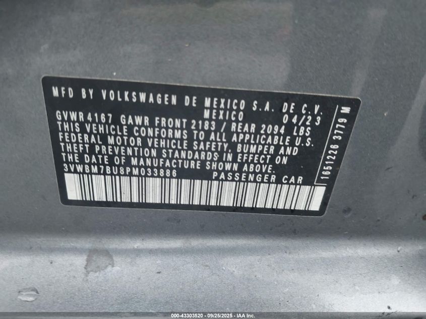 2023 Volkswagen Jetta 1.5T Sport VIN: 3VWBM7BU8PM033886 Lot: 43303520