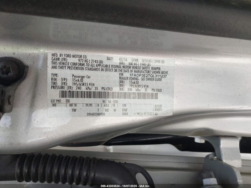 2016 Ford Focus S VIN: 1FADP3E27GL311237 Lot: 43303524