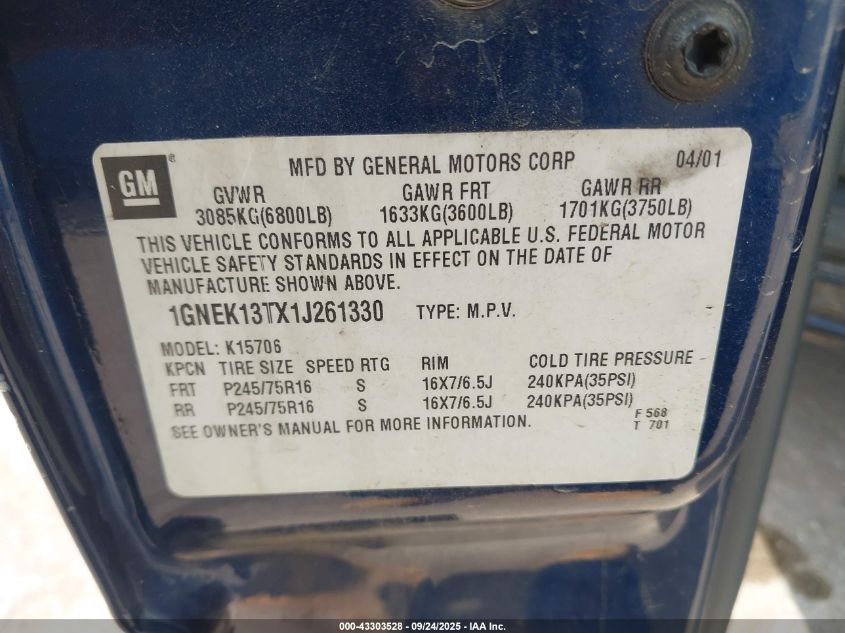 2001 Chevrolet Tahoe Ls VIN: 1GNEK13TX1J261330 Lot: 43303528