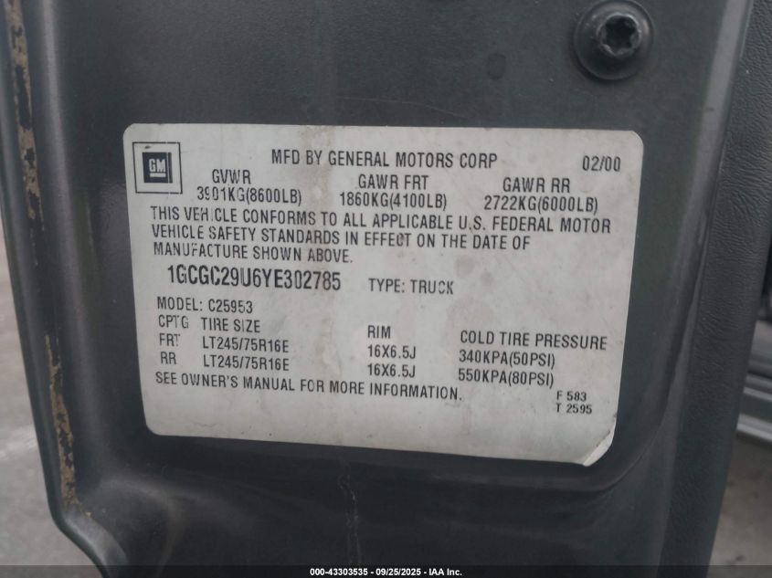 2000 Chevrolet Silverado 2500 Lt VIN: 1GCGC29U6YE302785 Lot: 43303535
