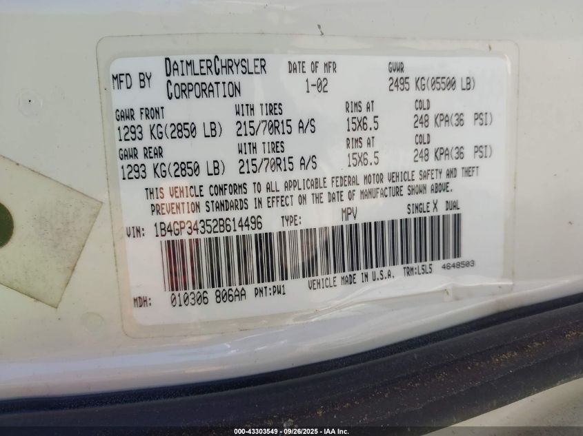 2002 Dodge Grand Caravan El VIN: 1B4GP34352B614496 Lot: 43303549