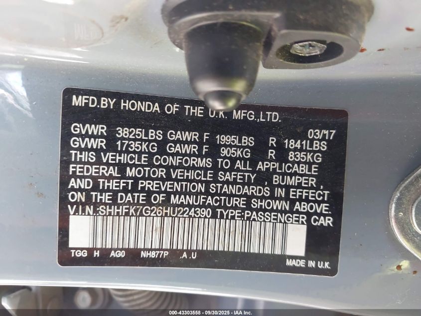 2017 Honda Civic Lx VIN: SHHFK7G26HU224390 Lot: 43303558