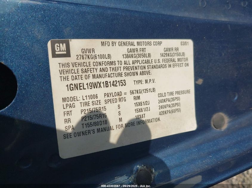 2001 Chevrolet Astro Ls VIN: 1GNEL19WX1B142153 Lot: 43303567