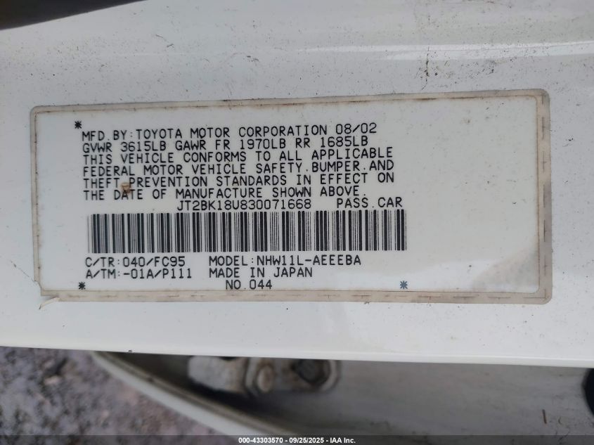 2003 Toyota Prius VIN: JT2BK18U830071668 Lot: 43303570