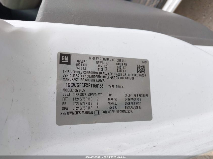 2015 Chevrolet Express 2500 Work Van VIN: 1GCWGFCFXF1160155 Lot: 43303571