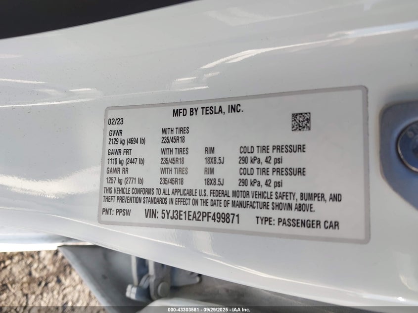 2023 Tesla Model 3 Rear-Wheel Drive VIN: 5YJ3E1EA2PF499871 Lot: 43303581