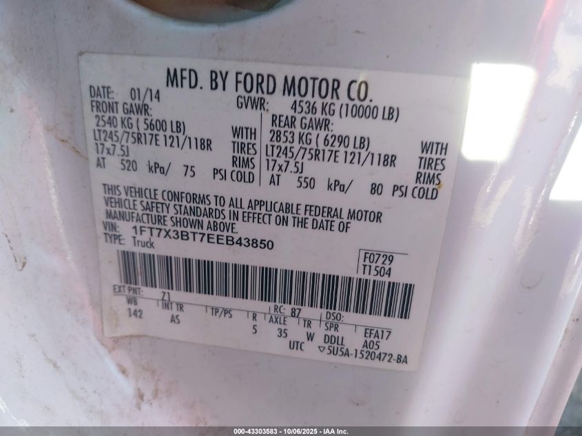 2014 Ford F-350 Xl VIN: 1FT7X3BT7EEB43850 Lot: 43303583
