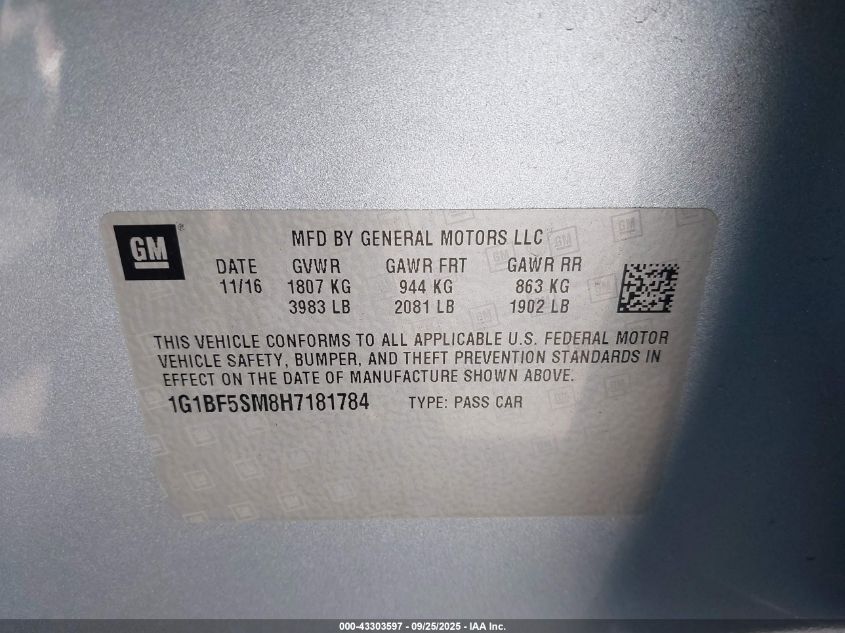 2017 Chevrolet Cruze Premier Auto VIN: 1G1BF5SM8H7181784 Lot: 43303597