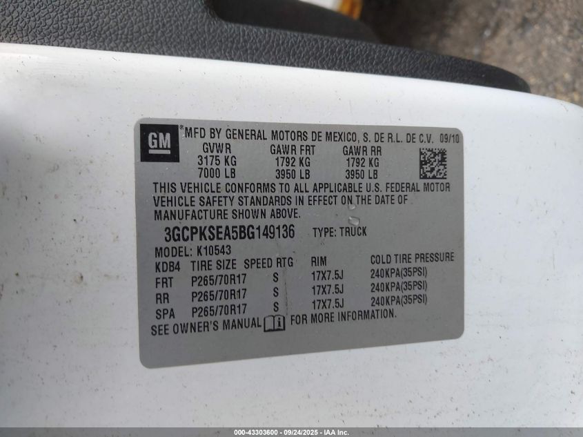 2011 Chevrolet Silverado 1500 Lt VIN: 3GCPKSEA5BG149136 Lot: 43303600