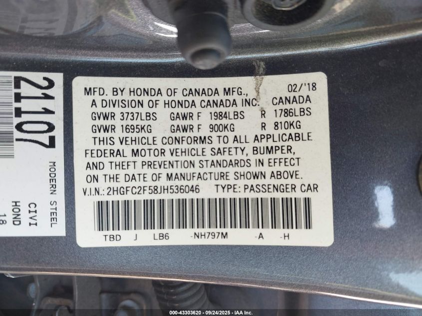 2018 Honda Civic Lx VIN: 2HGFC2F58JH536046 Lot: 43303620