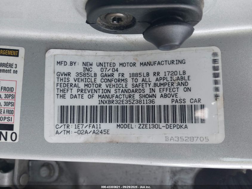 2005 Toyota Corolla Ce VIN: 1NXBR32E35Z381136 Lot: 43303621