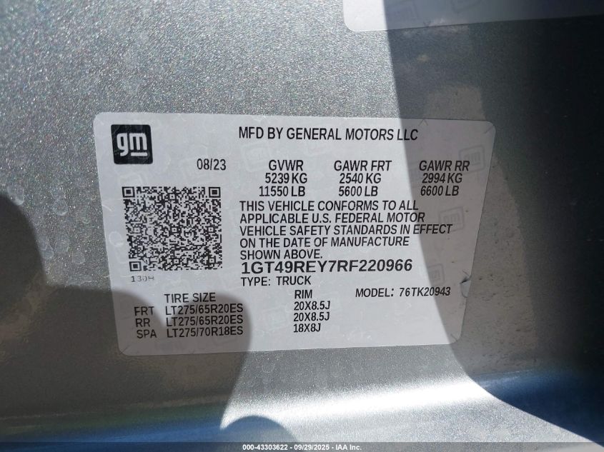 2024 GMC Sierra 2500Hd 4Wd Long Bed Denali VIN: 1GT49REY7RF220966 Lot: 43303622