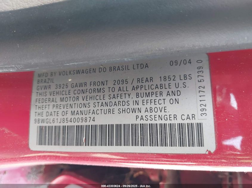 2005 Volkswagen Golf Gls 2.0L VIN: 9BWGL61J854009874 Lot: 43303624