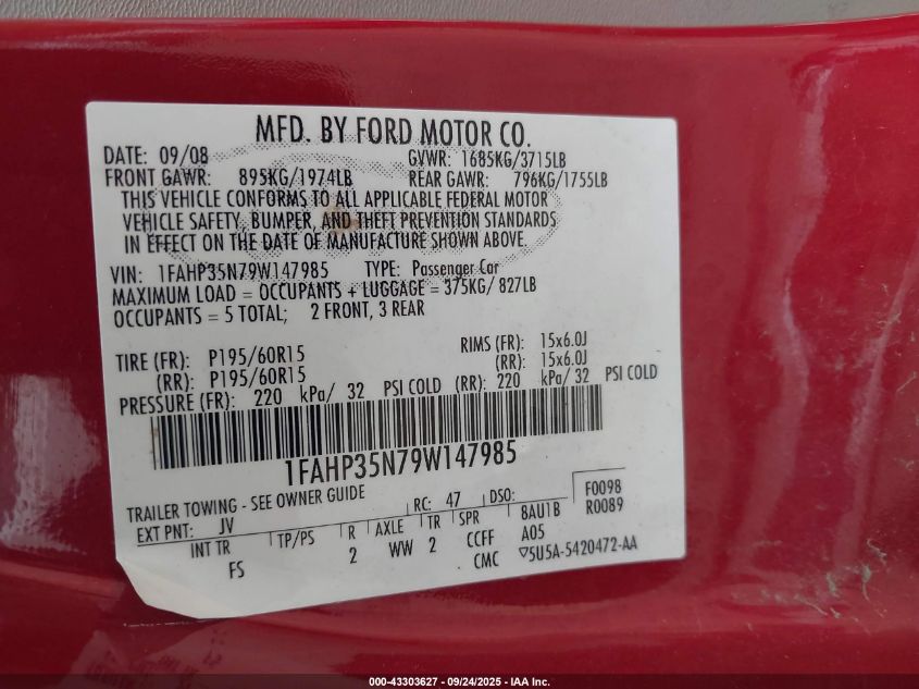 2009 Ford Focus Se VIN: 1FAHP35N79W147985 Lot: 43303627