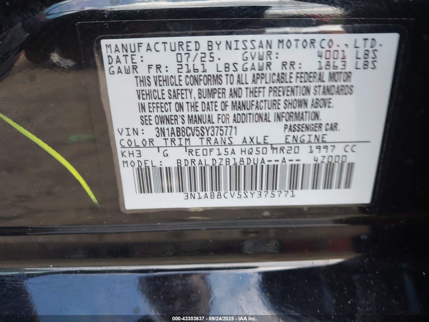 2025 Nissan Sentra Sv VIN: 3N1AB8CV5SY375771 Lot: 43303637