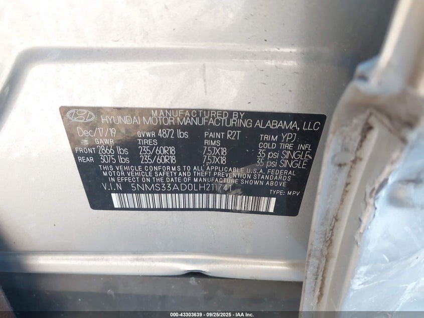 2020 HYUNDAI SANTA FE SEL - 5NMS33AD0LH211741