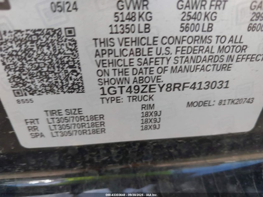 2024 GMC Sierra 2500Hd 4Wd Standard Bed At4X VIN: 1GT49ZEY8RF413031 Lot: 43303648