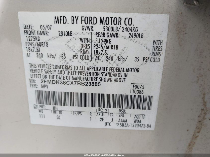 2007 Ford Edge Sel VIN: 2FMDK38CX7BB23885 Lot: 43303650