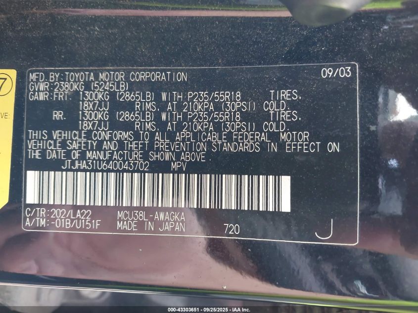 2004 Lexus Rx 330 VIN: JTJHA31U640043702 Lot: 43303651