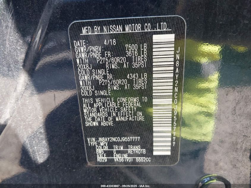 2018 Nissan Armada Sl VIN: JN8AY2NC0J9557777 Lot: 43303667