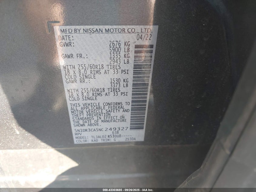 2022 NISSAN PATHFINDER SL 2WD 5N1DR3CA5NC249327