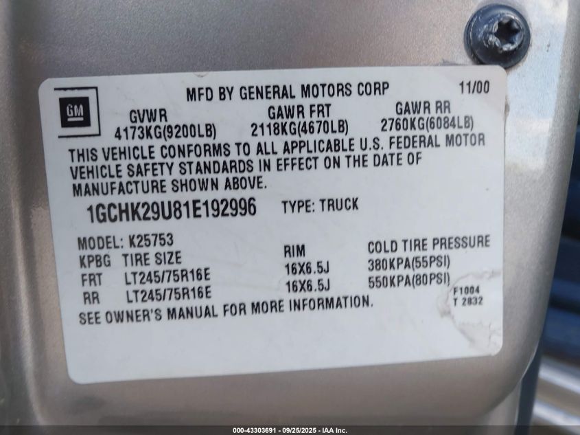 2001 Chevrolet Silverado 2500Hd Ls VIN: 1GCHK29U81E192996 Lot: 43303691