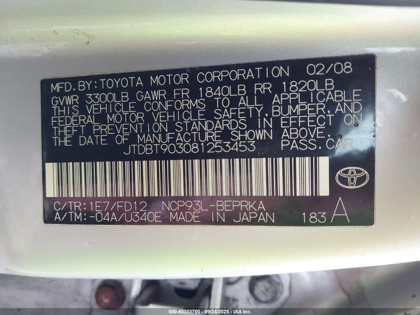 2008 Toyota Yaris VIN: JTDBT903081253453 Lot: 43303700