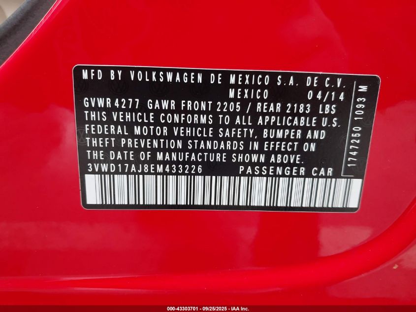 2014 Volkswagen Jetta 1.8T Se VIN: 3VWD17AJ8EM433226 Lot: 43303701