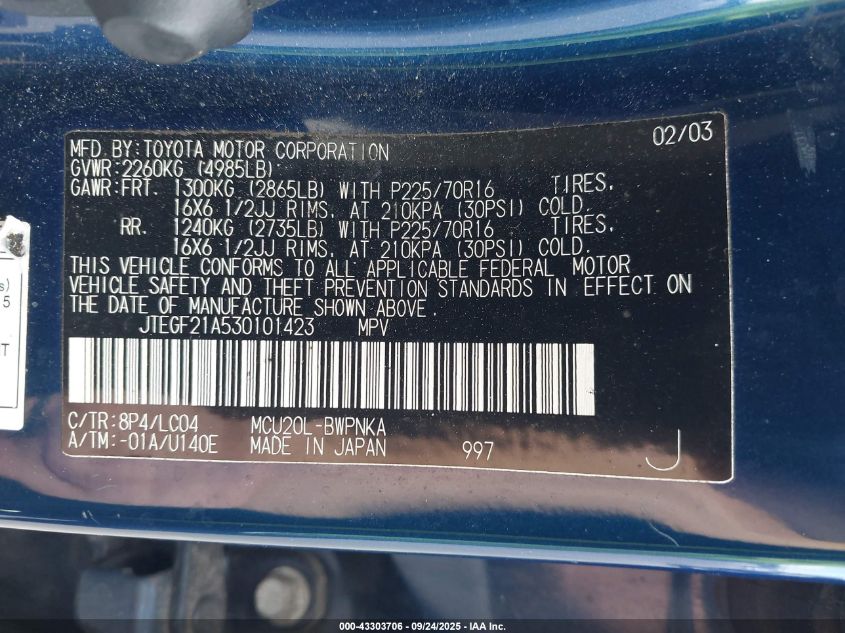 2003 Toyota Highlander Limited V6 VIN: JTEGF21A530101423 Lot: 43303706