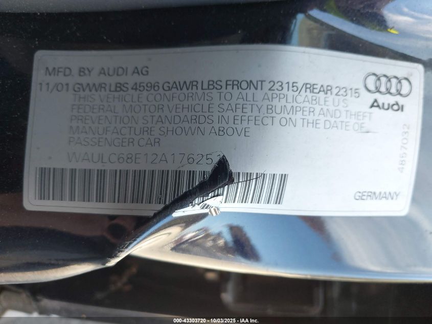 2002 Audi A4 1.8T VIN: WAULC68E12A176251 Lot: 43303720