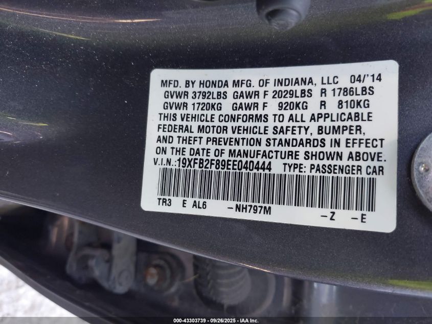 2014 Honda Civic Ex VIN: 19XFB2F89EE040444 Lot: 43303739