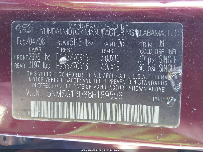 2008 Hyundai Santa Fe Gls VIN: 5NMSG13D88H189596 Lot: 43303755