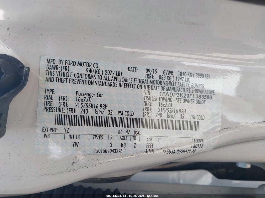 2015 FORD FOCUS SE - 1FADP3K29FL383589