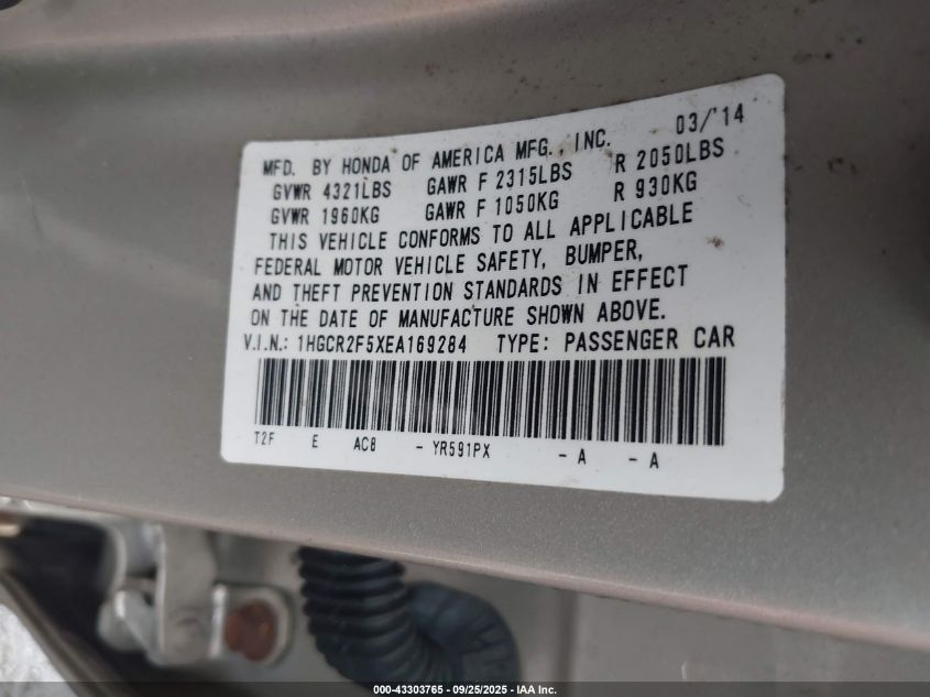 2014 Honda Accord Sport VIN: 1HGCR2F5XEA169284 Lot: 43303765